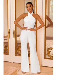 White Halter Neck Flare Jumpsuit - 4