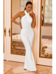White Halter Neck Flare Jumpsuit - 1