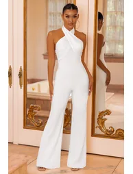 White Halter Neck Flare Jumpsuit