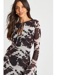 Cow Print Mesh Flare Sleeve Keyhole Mini Dress - chocolate - 3