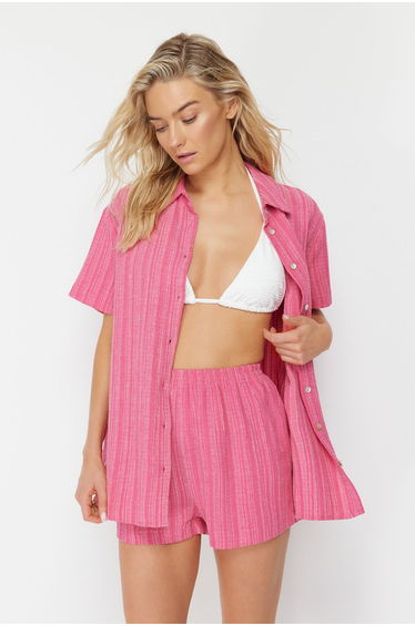 Fuchsia Woven Linen Blend Blouse Shorts Set