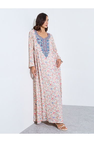 all over printed jalabiya at neck and sleeve hem