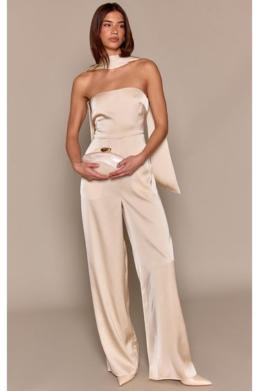 Champagne Satin Bandeau Scarf Detail Jumpsuit