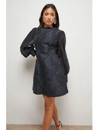 Petite Structured Jacquard Fit And Flare Mini Dress With Chiffon Sleeve