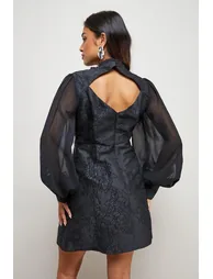 Petite Structured Jacquard Fit And Flare Mini Dress With Chiffon Sleeve - 2