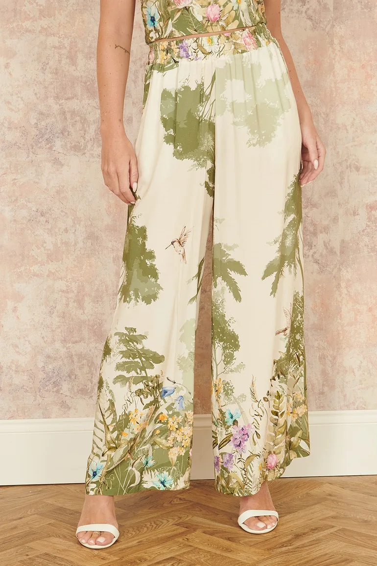 Yumi White Palm Print Wide Leg Trousers - 1