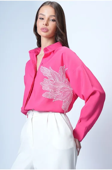Women's Fuchsia Floral Embroidered Oversized Woven Shirt