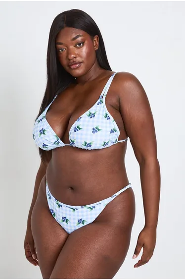 Plus Gingham Print Triangle Bikini Set - blue