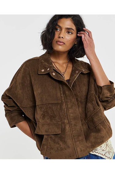 Tobacco Funnel Neck Suedette Jacket