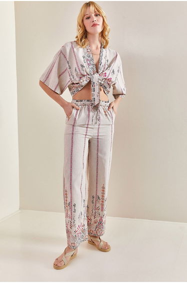 Women's Multi-patterned Linen Top and Bottom Set with Tie Front.