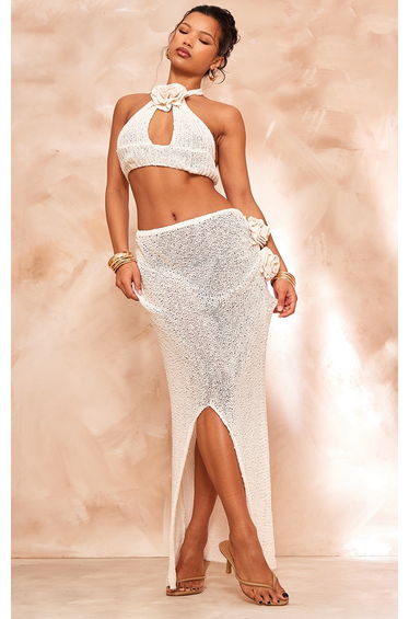 Cream Crochet Knit Floral Aplique Cut Out Top