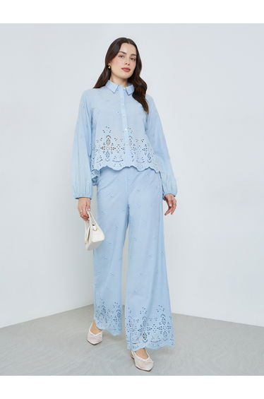 Women Blue Schiffli Long Sleeve Shirt
