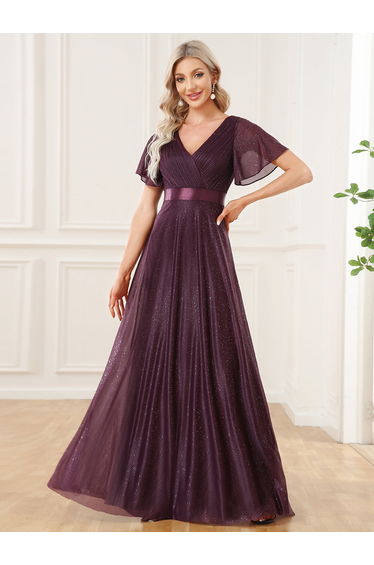 ever LIORÉ|Plus Size V Neck Ribbon Waist Formal Evening Dress With Sleeves
