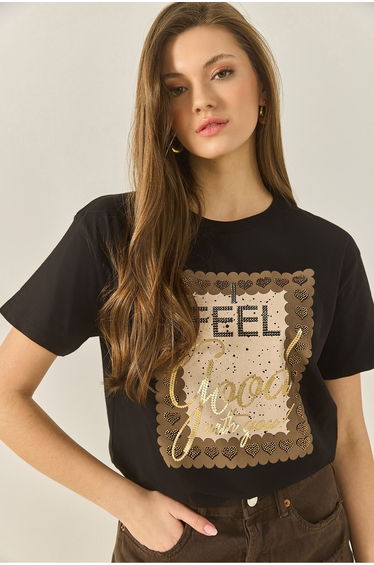 Women's Foil Printed Stone Detailed Short Sleeve Crew Neck Cotton T-Shirt