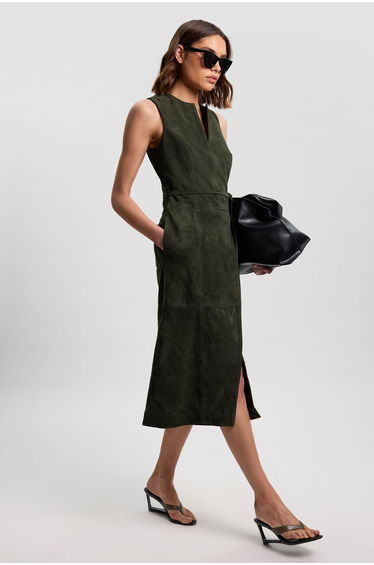 Suede Tie Belt Midi Dress