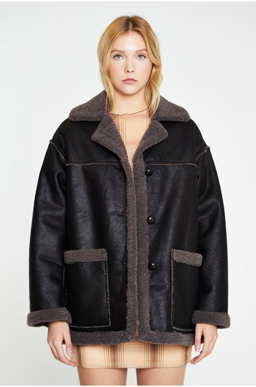 Black Dark-Grey Oversized Shearling Coat