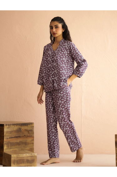 Mauve Floral V Neck Cotton Top and Pyjama Set