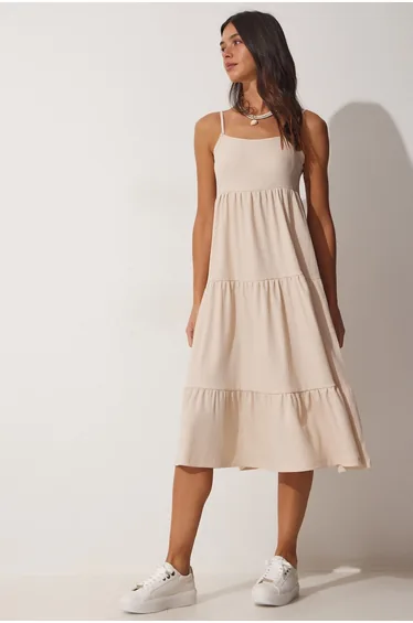 Women's Cream Straps, Flounces Summer Knitted Dress