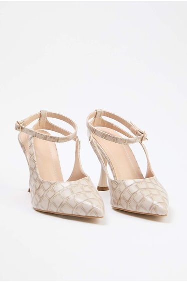 Beige Crocodile Patterned Pointed Toe Women's 9 cm Thin Heeled Shoes