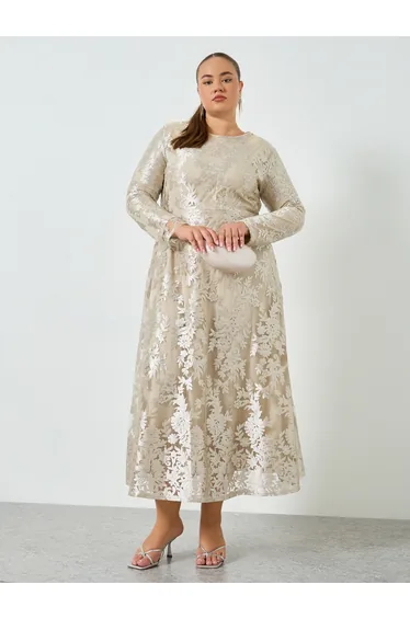 Plus Size Lace Long Sleeves A-Line Maxi Dress