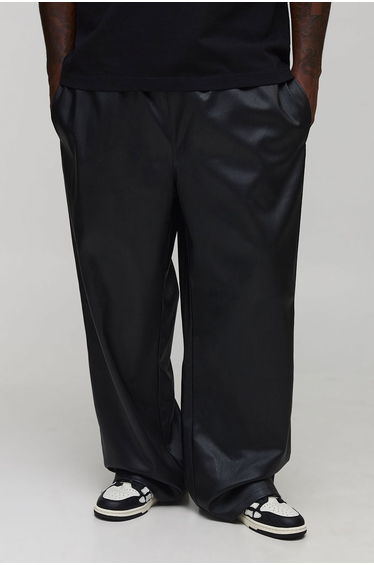 Plus Pleated PU Relaxed Fit Trousers - black
