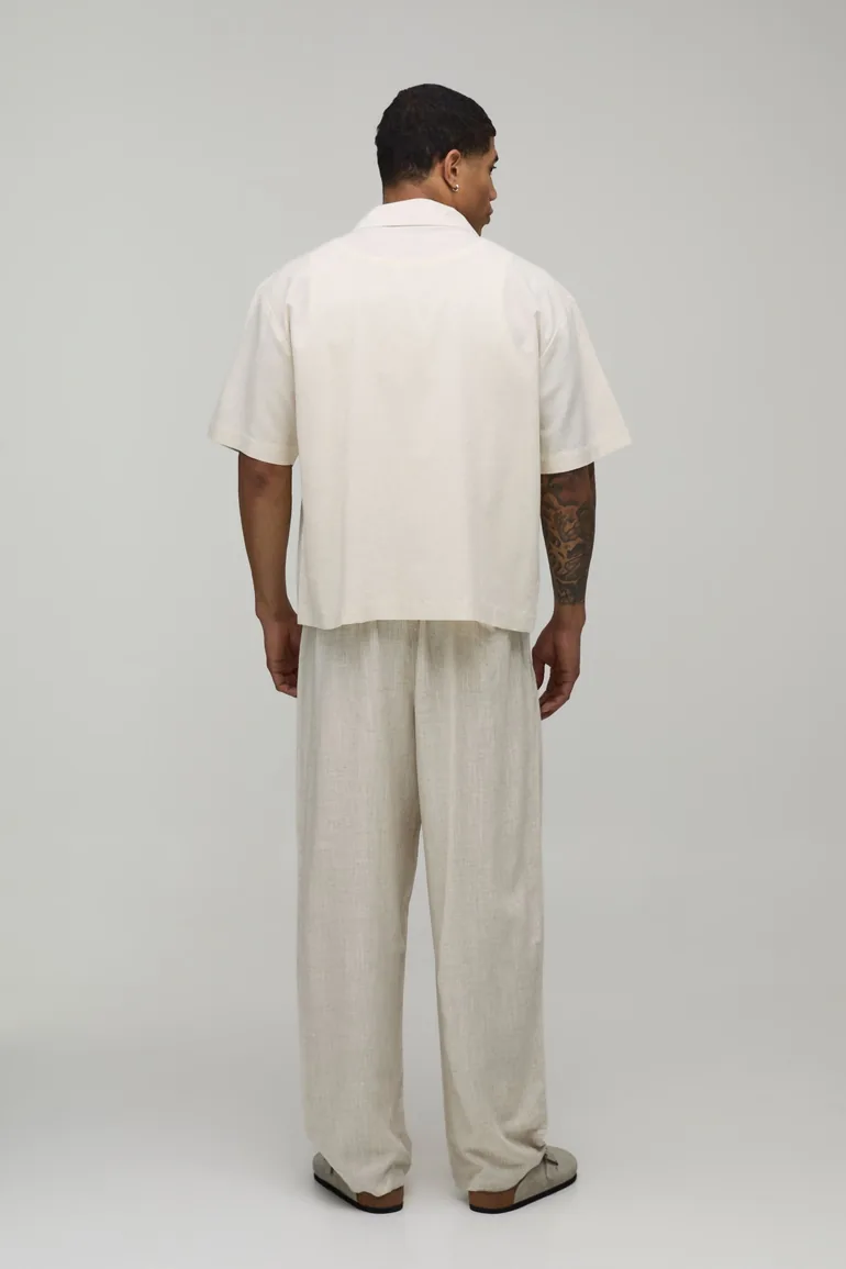 بنطلون كتان بقصة منفوخة لون بيج - 1