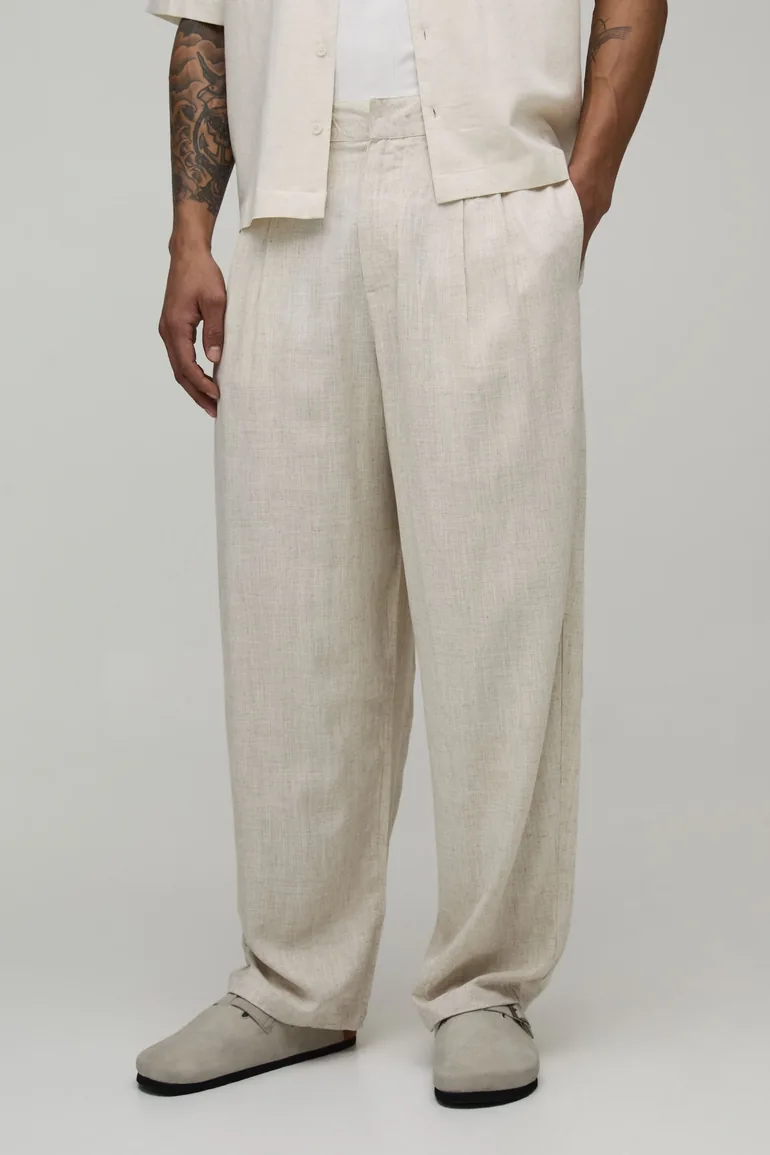 بنطلون كتان بقصة منفوخة لون بيج