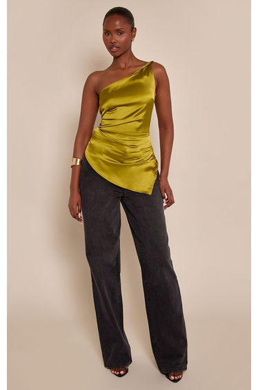 Green Satin Asymmetric One Shoulder Top