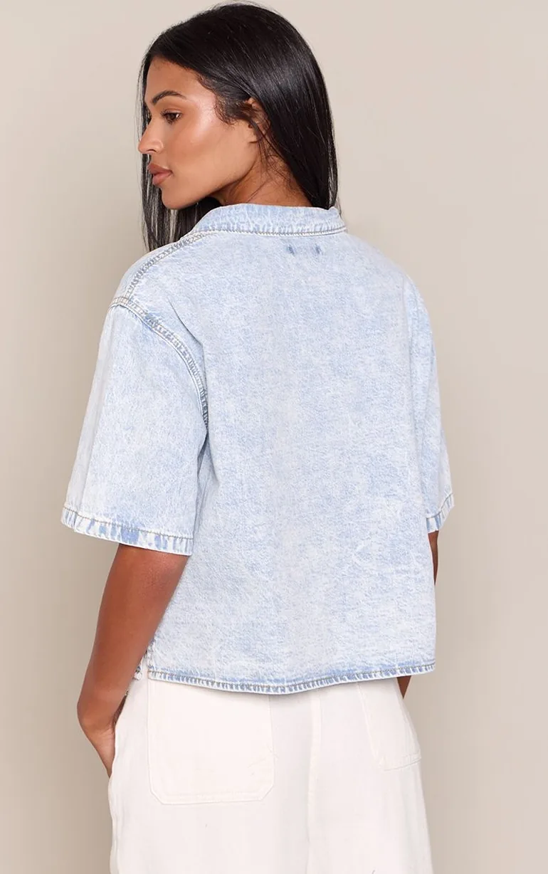 Tall Ice Blue Funnel Neck Short Sleeve Denim Shirt - 2