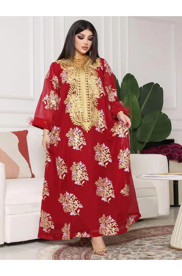 Women Red Embroidered A-Line Jalabiya