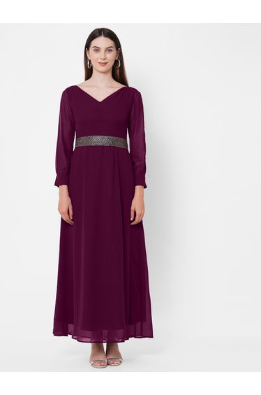 Solid Georgette Fit and Flare Maxi Dress with Slit Sleeves