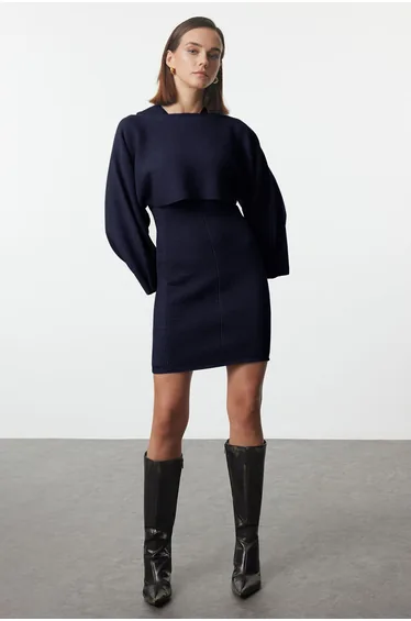 Navy Blue Mini Knitwear Bolero-Dress Suit