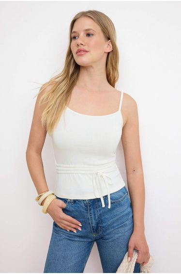 Ecru Fitted/Bodycon Pool Collar Thin Strap Sleeveless Soft Knitted Blouse