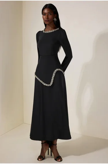Rhinestone Long Sleeve Midi Dress