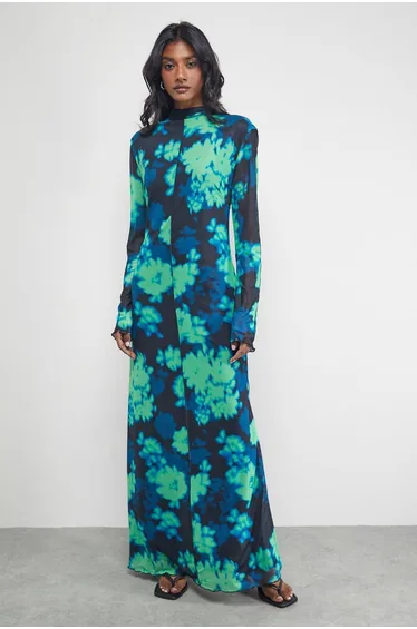 Print Mesh Lettuce Edge Maxi Dress