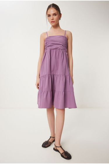 Women's Lilac Straps, Flounces Summer Poplin Dress