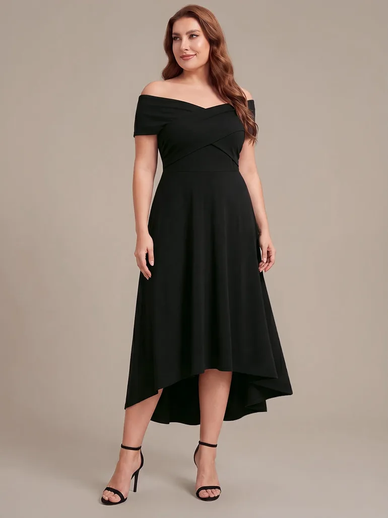 Knit Off-the-shoulder Sleeve A-Line Wedding Guest Dress - 5