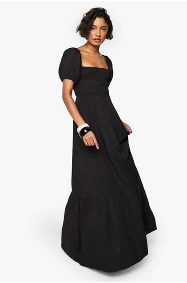 Tall Puff Sleeve Shirred Midaxi Dress - black