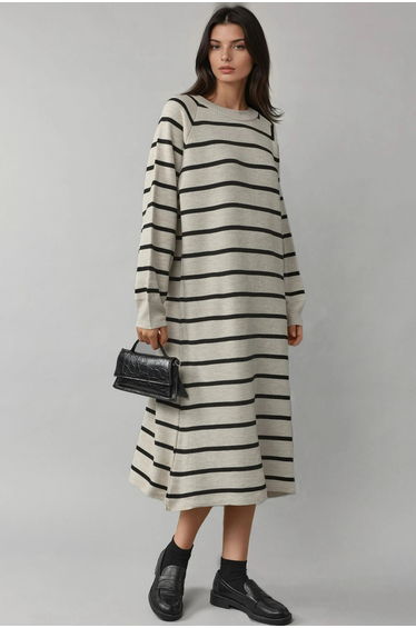 MY FASHION Long Sleeve Striped Ribbed Knit Dress