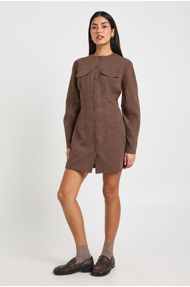 Twill Button Through Barrell Sleeve Shirt Dress - mocha