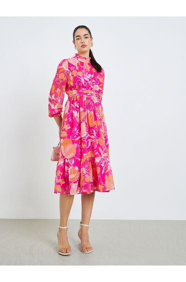 Women Pink Floral Print A-Line Midi Dress