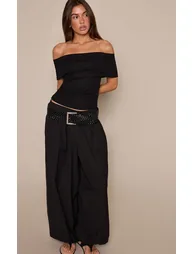 Black Soft Rib Fold Over Bardot Detail Top - 2