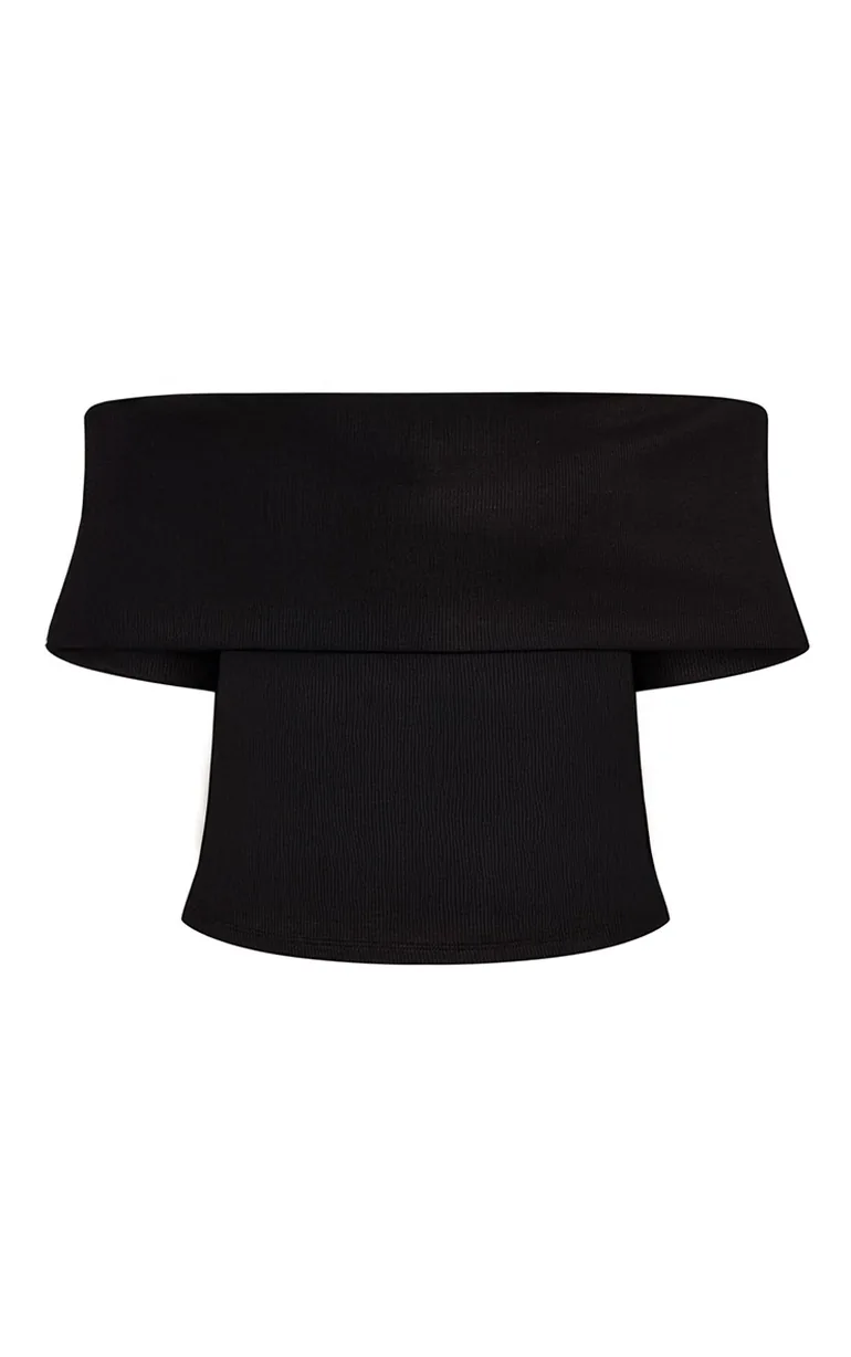 Black Soft Rib Fold Over Bardot Detail Top - 4
