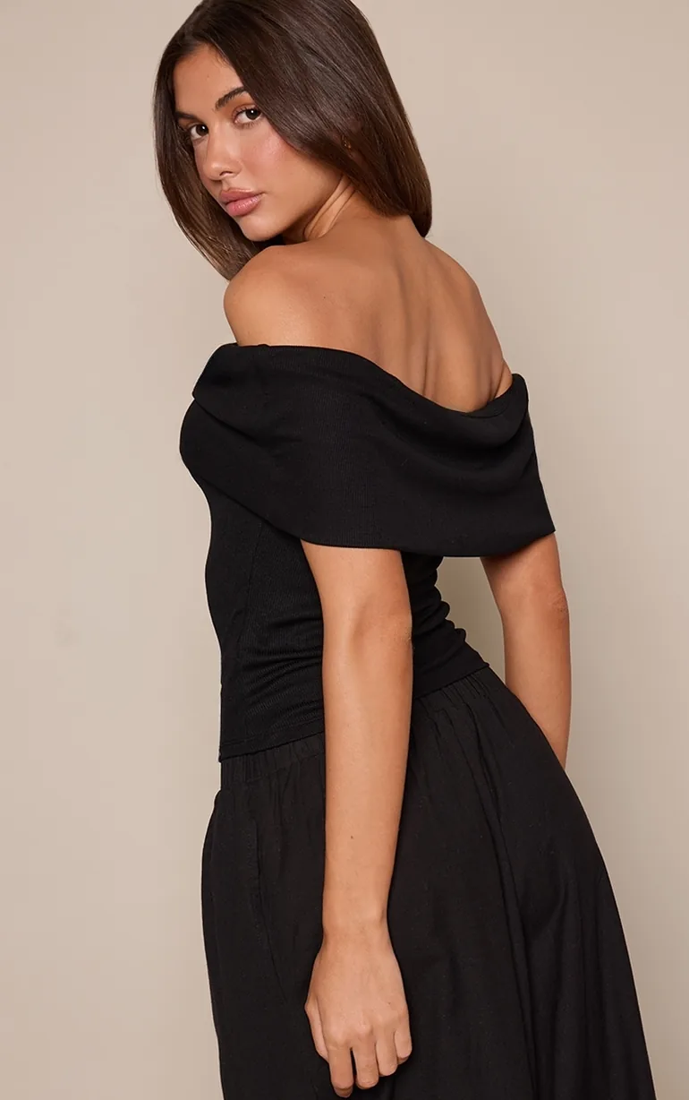 Black Soft Rib Fold Over Bardot Detail Top - 1