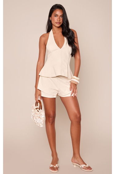 Cream Linen Look Peplum Detail Shorts Co-ord