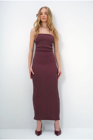 Women's Burgundy Crepe Fabric Side Gathered Summer Strapless Dress