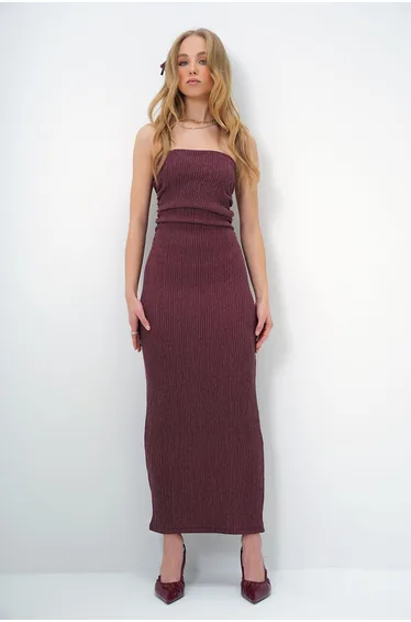 Women's Burgundy Crepe Fabric Side Gathered Summer Strapless Dress