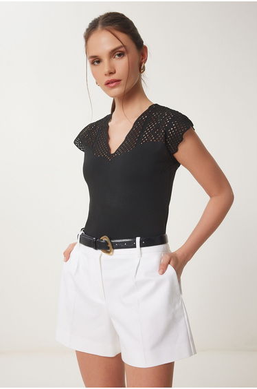 Women's Black Openwork Summer Knitwear Blouse