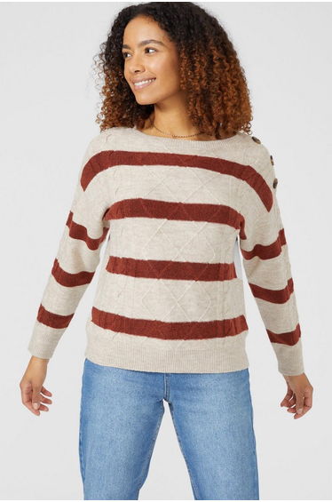 Cable Stripe Crew Neck Jumper - taupe
