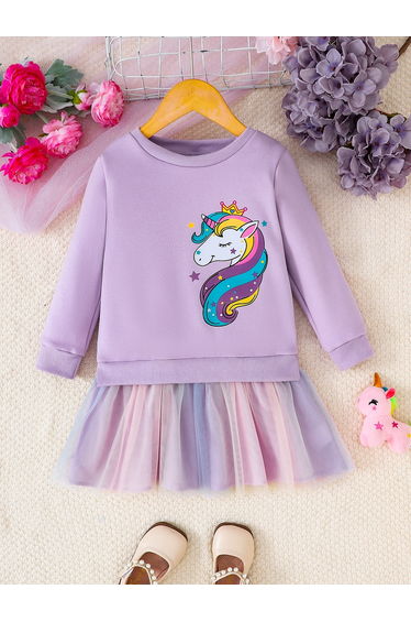 Girls Purple Unicorn Sweatshirt and Mesh Skirt Set